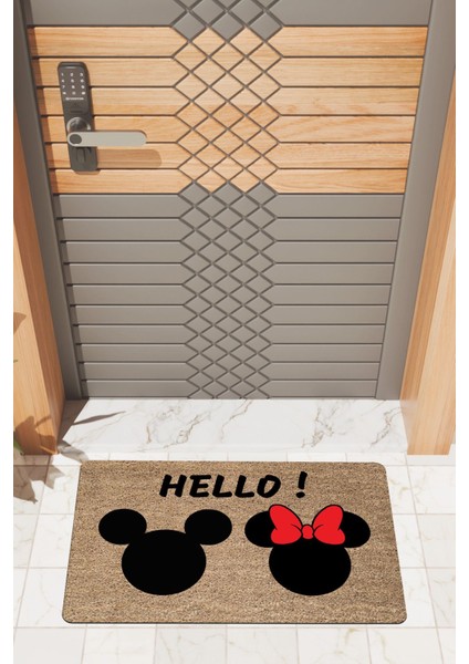 Modern Dijtal Baskı Kahverengi Hello Mick Mouse Kapı Önü Paspası