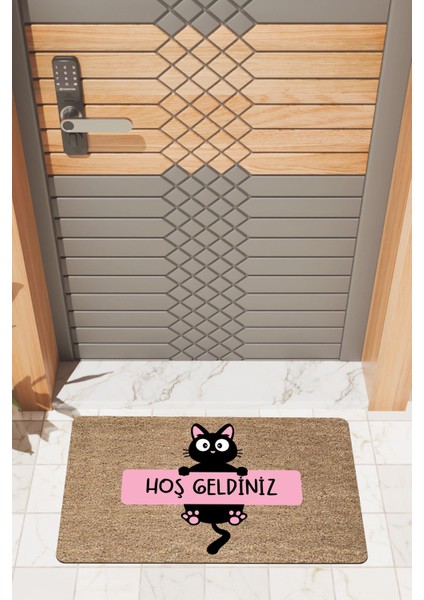 Modern Dijtal Baskı Pembe, Siyah Hoşgeldiniz Kedi Kapı Önü Paspası
