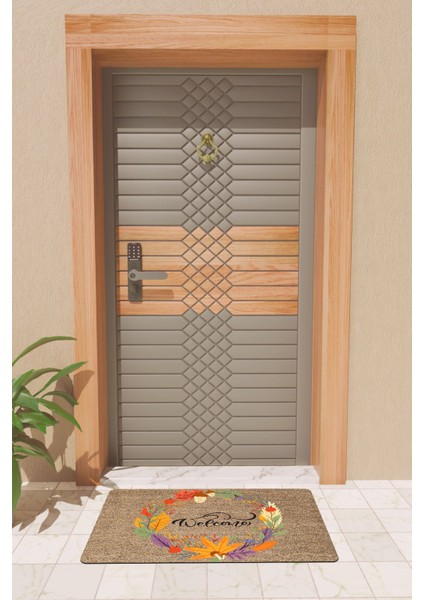 Modern Dijtal Baskı Sonbahar Yapraklı Welcome Dış Kapı Önü Paspası