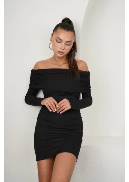 Kadın Madonna Mendil Yaka Fırsat Ürün Büzgülü Mini Elbise
