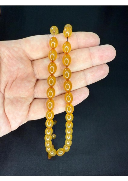 Muha Mmaed Tacir Usta Yapımı Sıkma Kehribar Tesbih Beyzi Kesim Sarı/bal Renk 11 MmX8 Mm T-801