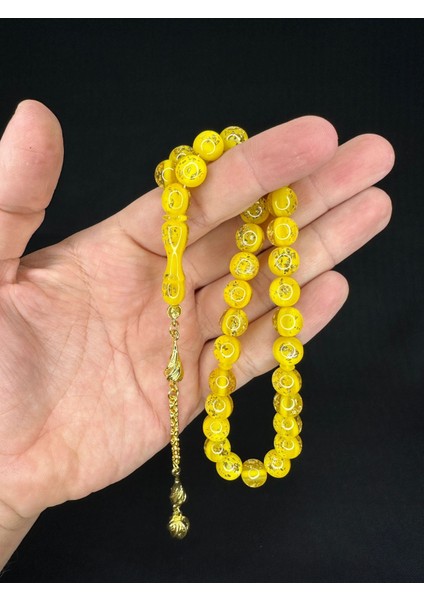 Sevgiliye Özel Hediye Altın Varaklı Uçak Camı Tesbih Küre Kesim 10 Mm Sarı Renkli H-1686.