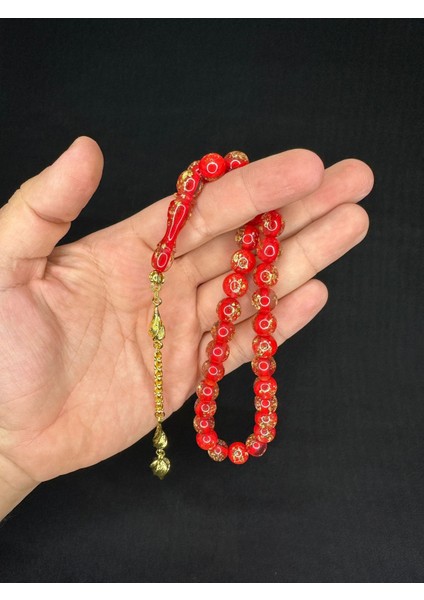 Sevgiliye Özel Hediye Altın Varaklı Uçak Camı Tesbih Küre Kesim 10 Mm Kırmızı Renkli H-1684.