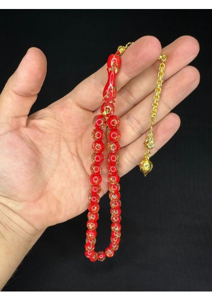 Sevgiliye Özel Hediye Altın Varaklı Uçak Camı Tesbih Küre Kesim 10 Mm Kırmızı Renkli H-1684. fiyatları