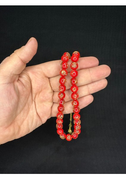Sevgiliye Özel Hediye Altın Varaklı Uçak Camı Tesbih Küre Kesim 10 Mm Kırmızı Renkli H-1684. modelleri