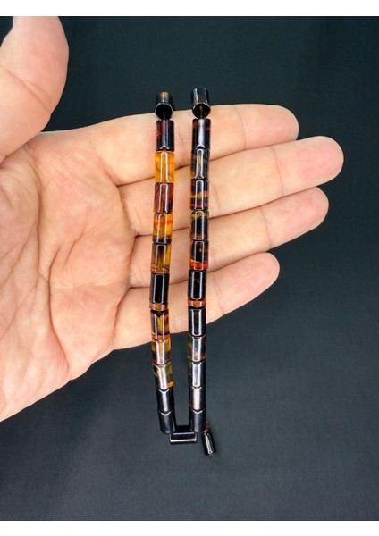 Erkan Çubukçu Usta Işi Ateş Kehribar Tesbih Kesme Kesim Sarı Siyah Hareli 10 MmX6,5 Mm T-792