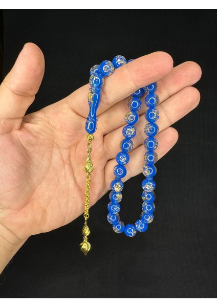 Sevgiliye Özel Hediye Altın Varaklı Uçak Camı Tesbih Küre Kesim 10 Mm Mavi Renkli H-1685.