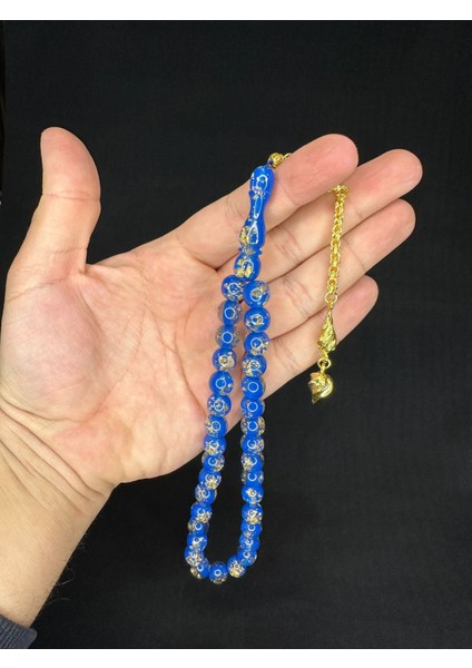 Sevgiliye Özel Hediye Altın Varaklı Uçak Camı Tesbih Küre Kesim 10 Mm Mavi Renkli H-1685. fiyatları
