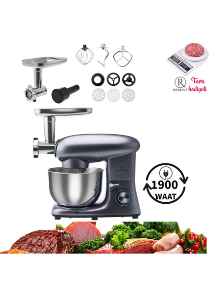 Kıyma Çekme ve Hamur Yoğurma Vb. 5,5 Lt Sucuk-Sosis/içli Köfte Aparatlı Mutfak Şefi 1900W - Hediyeli