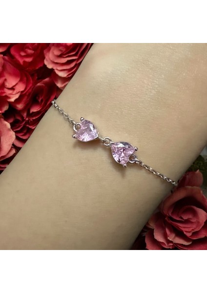 925 Ayar Gümüş 2'li Pembe Zirkon Taşlı Kalp Bileklik
