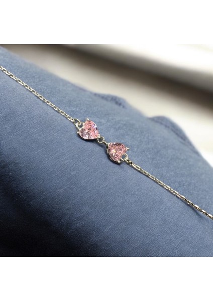 925 Ayar Gümüş 2'li Pembe Zirkon Taşlı Kalp Bileklik fiyatları
