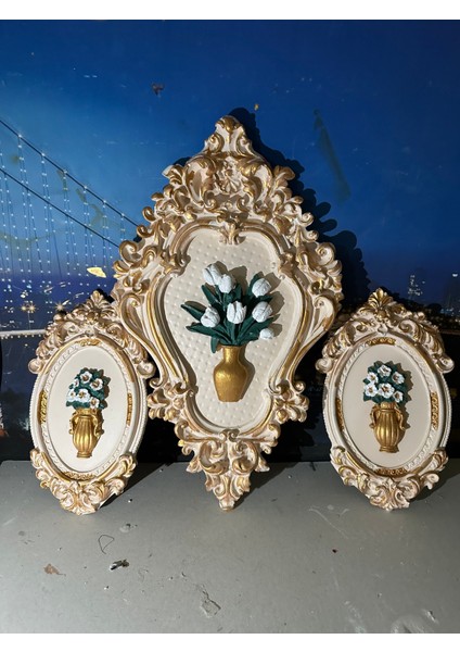 Çiçekli 3lü Duvar Tablosu Krem-Gold fiyatları