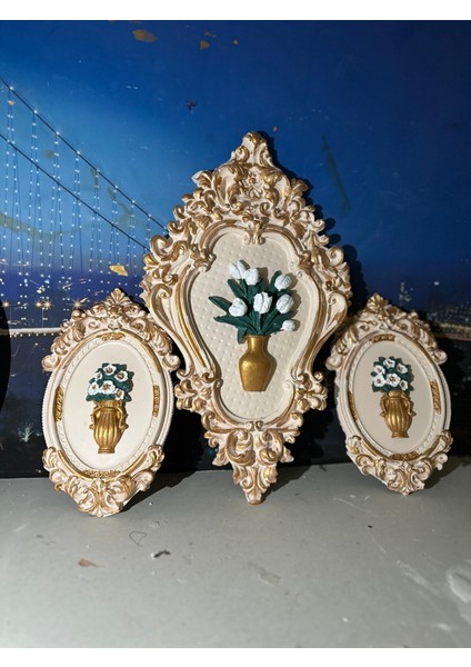 Çiçekli 3lü Duvar Tablosu Krem-Gold modelleri