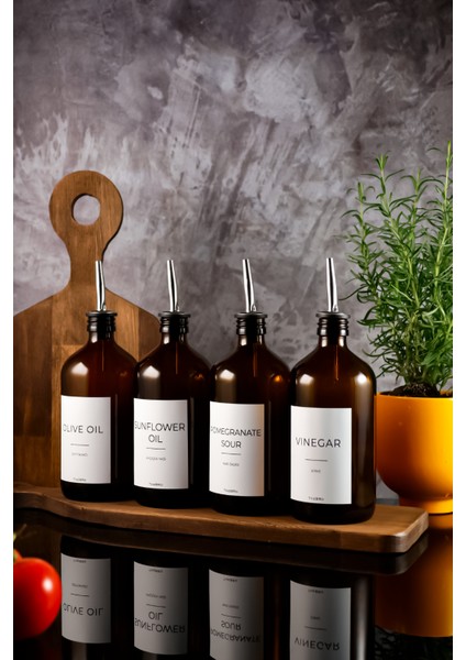 500 ml Amber Renkli White Serisi 4'Lü Set Zeytinyağı,Ayçiçek Yağı,Sirke Ve Nar Ekşisi Şişesi