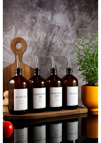 500 ml Amber Renkli White Serisi 4'Lü Set Zeytinyağı,Ayçiçek Yağı,Sirke Ve Nar Ekşisi Şişesi