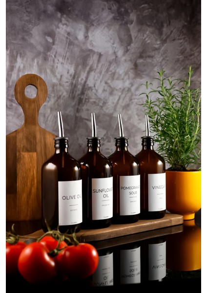 500 ml Amber Renkli White Serisi 4'Lü Set Zeytinyağı,Ayçiçek Yağı,Sirke Ve Nar Ekşisi Şişesi