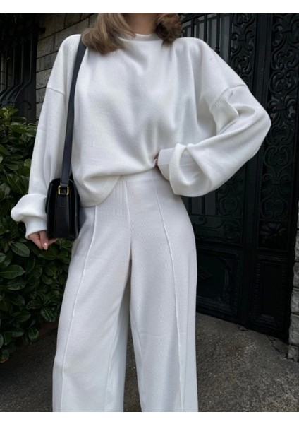 Crop, Pantolon Fitilli Ikili Takım Beyaz