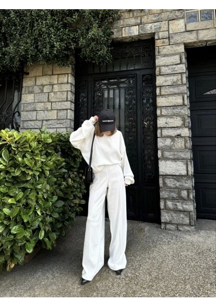 Crop, Pantolon Fitilli Ikili Takım Beyaz