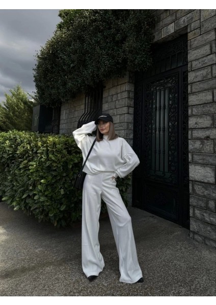 Crop, Pantolon Fitilli Ikili Takım Beyaz