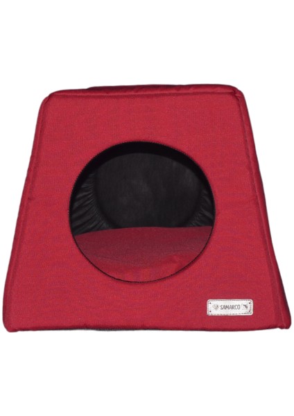 Kırmızı Kedi Yatağı-Kedi Evi-3 Fonksiyonlu-Katlanır-Kedi Mağara-Trio Minderi