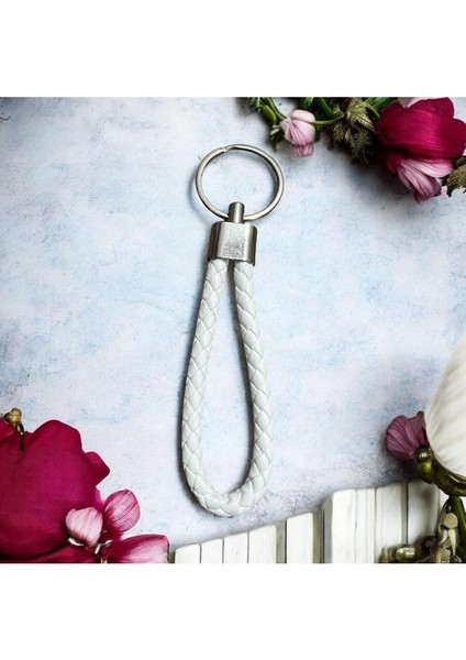 Deri Örgü Anahtarlık - Kadın, Erkek, Genç Deri Örgü Halat Anahtarlık / Beyaz Renk