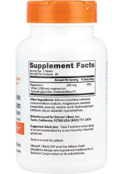 Doctor's Best, High Absorption Magnesium, 200 mg, 120 Tablets fiyatları