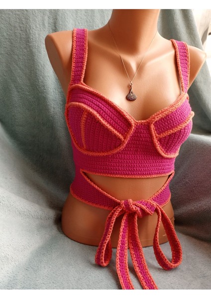 Vip Handmade Pembe- Turuncu Crop Top Büstiyer