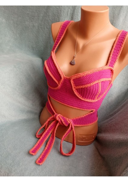 Vip Handmade Pembe- Turuncu Crop Top Büstiyer