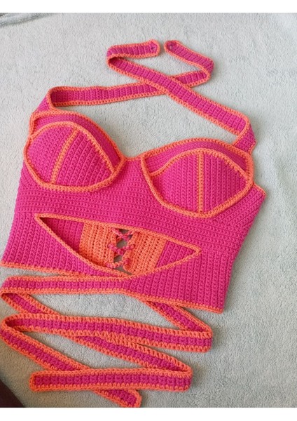 Vip Handmade Pembe- Turuncu Crop Top Büstiyer