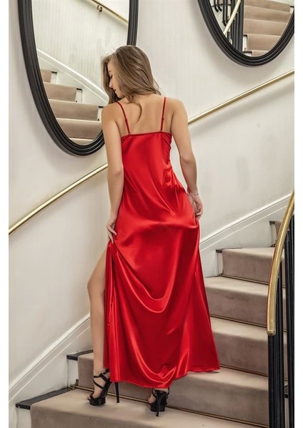 Dantelli Uzun Yırbrfaçlı Saten Gecelik Elbise String Takım Kırmızı (BRF31512)