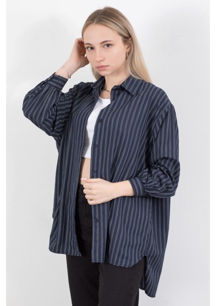 Kadın Çizgili Uzun Kol Regular Fit Gömlek Lacivert - 25564
