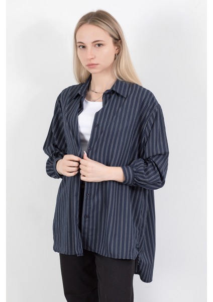 Kadın Çizgili Uzun Kol Regular Fit Gömlek Lacivert - 25564