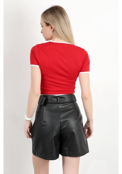 Kadın U Yaka Kalp Nakışlı T-Shirt Kırmızı - 925055 modelleri