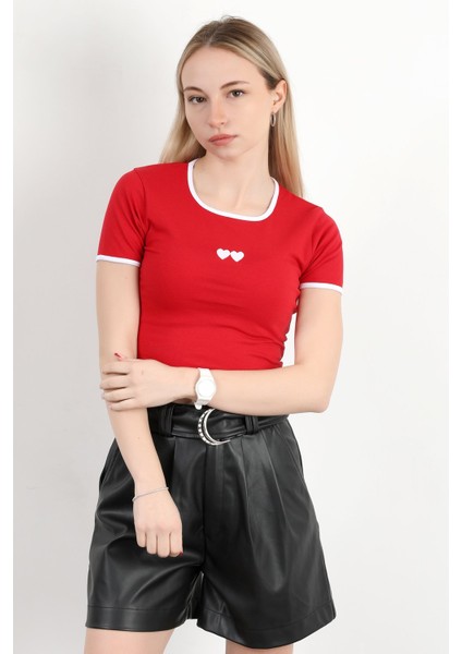 Kadın U Yaka Kalp Nakışlı T-Shirt Kırmızı - 925055 fırsatları