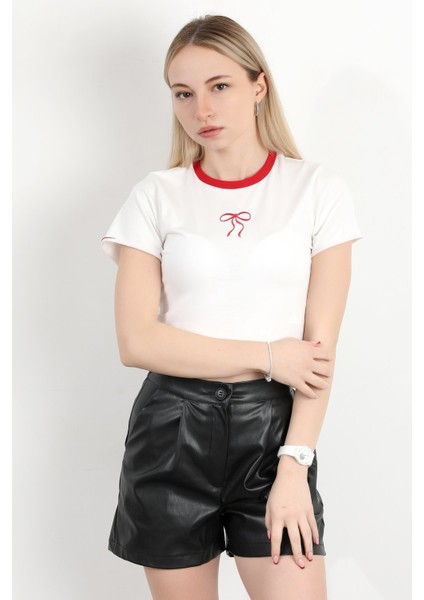 Kadın Bisiklet Yaka Fiyonk Nakışlı T-Shirt Beyaz - 925052 fiyatları
