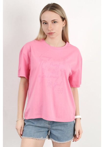 Kadın Bisiklet Yaka Baskılı Pamuklu T-Shirt Pembe - 925033