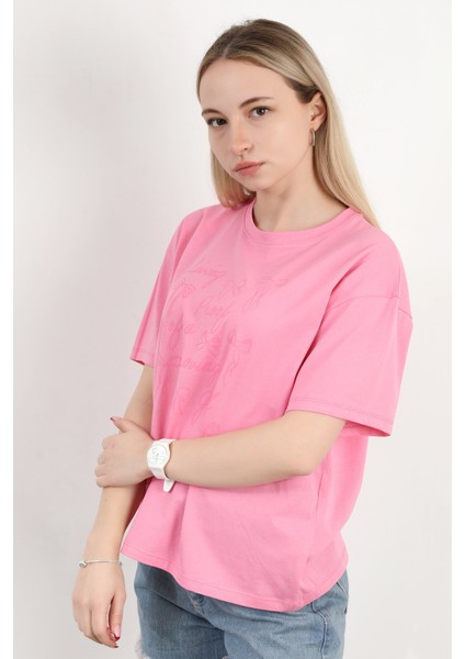 Kadın Bisiklet Yaka Baskılı Pamuklu T-Shirt Pembe - 925033