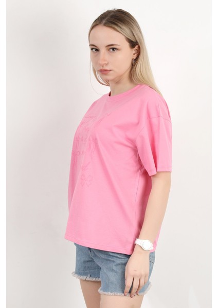 Kadın Bisiklet Yaka Baskılı Pamuklu T-Shirt Pembe - 925033