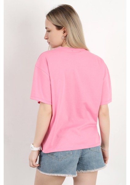 Kadın Bisiklet Yaka Baskılı Pamuklu T-Shirt Pembe - 925033