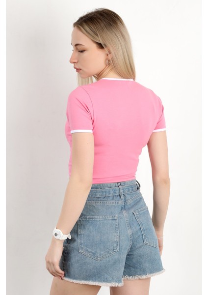 Kadın U Yaka Kalp Nakışlı T-Shirt Pembe - 925055 modelleri