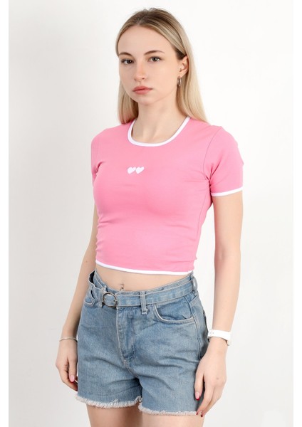 Kadın U Yaka Kalp Nakışlı T-Shirt Pembe - 925055 fırsatları