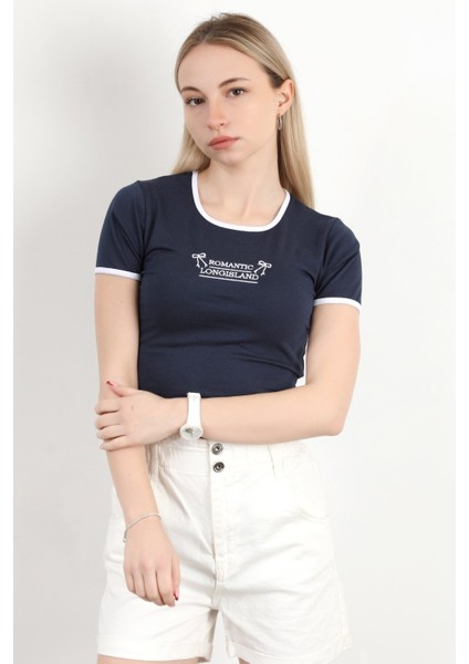 Kadın U Yaka Romantic Nakışlı T-Shirt Lacivert - 925054 fiyatları