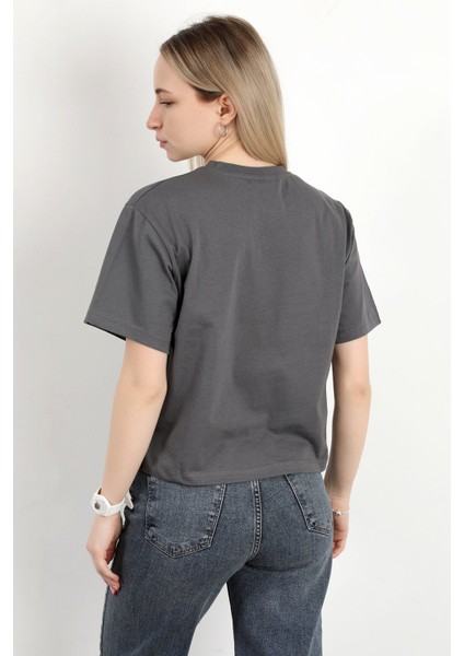 Kadın Bisiklet Yaka Omzu Fiyonk Nakışlı Pamuklu T-Shirt Antrasit - 925022 modelleri