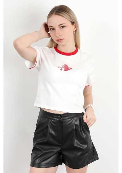 Kadın Bisiklet Yaka Kuş Nakışlı T-Shirt Beyaz - 925053