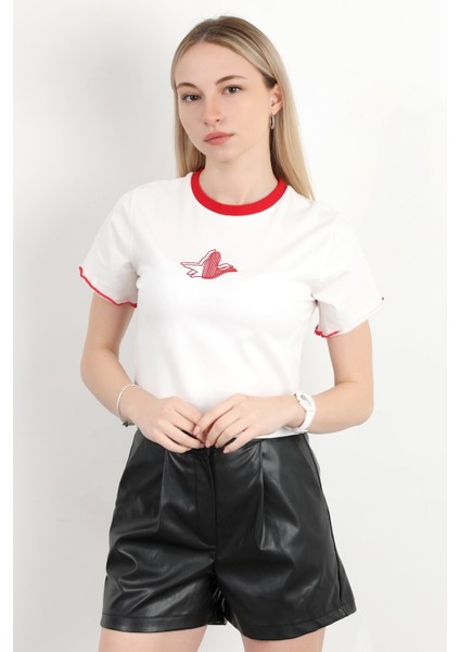 Kadın Bisiklet Yaka Kuş Nakışlı T-Shirt Beyaz - 925053 fiyatları