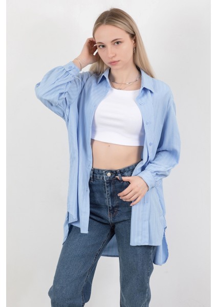 Kadın Çizgili Uzun Kol Regular Fit Gömlek Gri - 25564