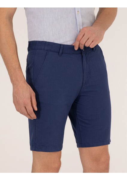 Erkek İndigo Slim Fit Keten Karışımlı Beli Lastikli Bermuda Şort 50264863-VR028