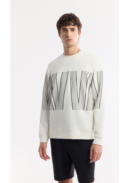 Erkek Ekru Bisiklet Yaka Baskılı Bi Stretch Interlok Sweatshirt A51y1227