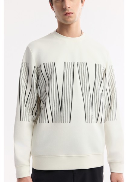 Erkek Ekru Bisiklet Yaka Baskılı Bi Stretch Interlok Sweatshirt A51y1227