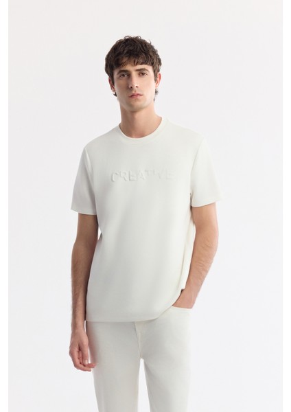 Erkek Ekru Bisiklet Yaka Baskılı Bi Stretch Interlok T-shirt A51y1131
